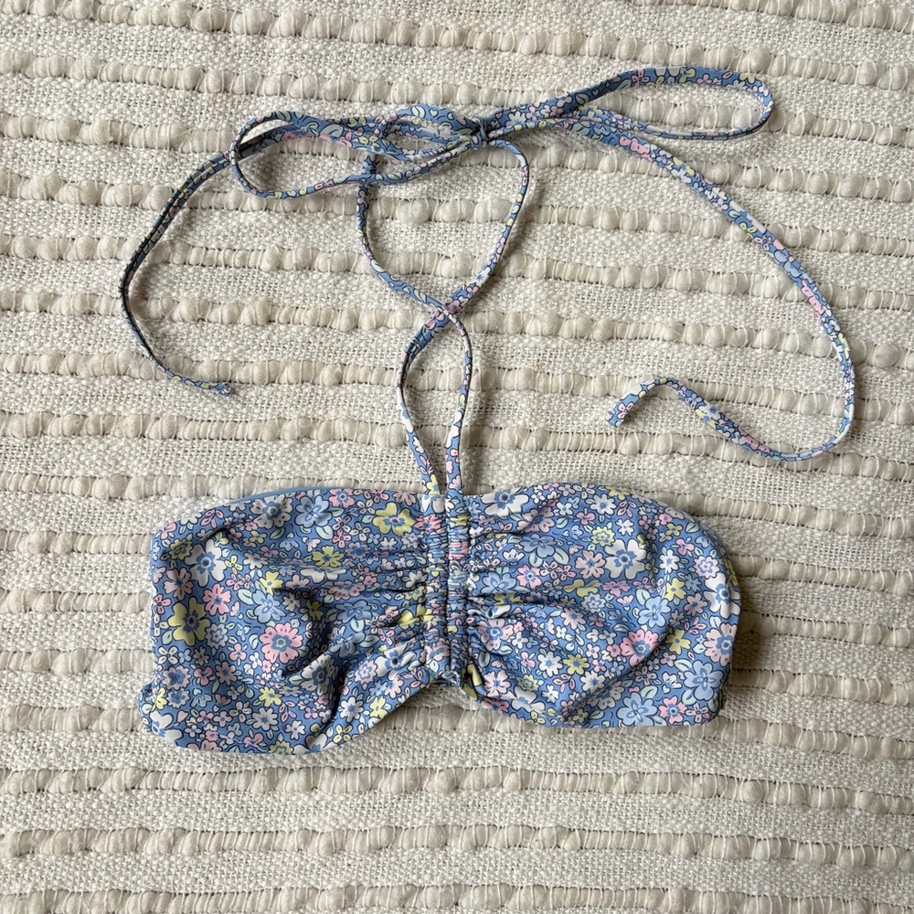 Frankie’s Bikinis Blue Floral Bandeau Halter Swim Bikini Top Size XS